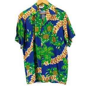 Vintage Hilo Hattie Mens Blue Green Hawaiian Button Up Short Sleeve Shirt Size M